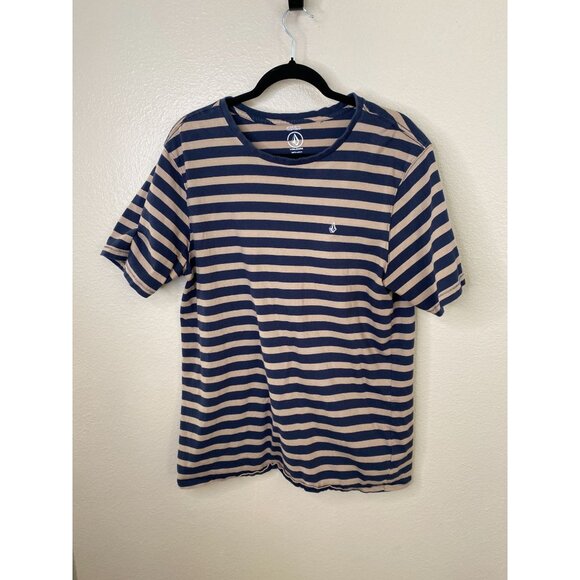 Volcom Mens Modern Fit Striped T-Shirt XL Blue Beige Casual Short Sleeve Cotton - Picture 2 of 7